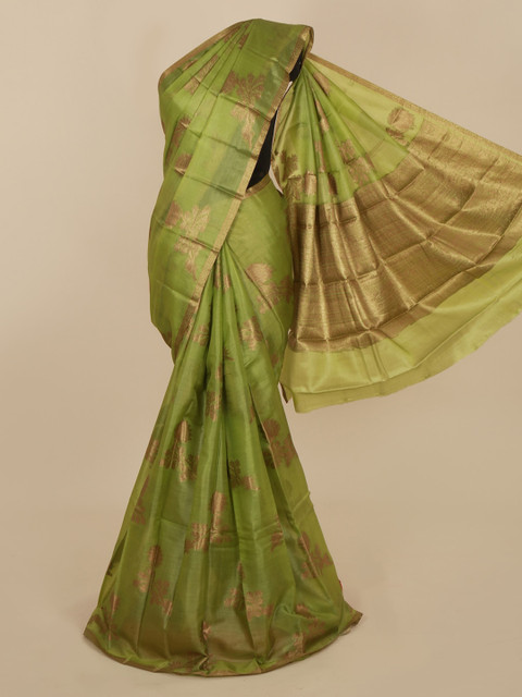 

Pothys Green & Gold-Toned Jute Silk Woven Design Tussar Saree