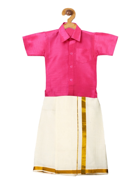 

Ridokidz Boys Pink & Off-White Solid Shirt and Veshti