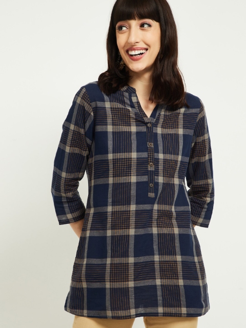 

max Women Navy Blue & Brown Checked Straight Kurti