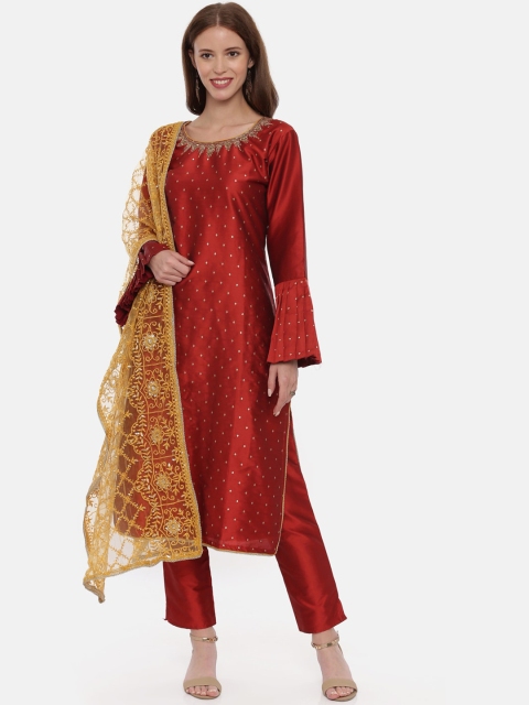 

Neerus Women Red & Gold-Toned Woven Design Kurta with Trousers & Dupatta
