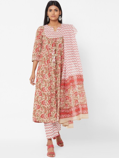 

FASHOR Women Beige & Red Printed Kurta with Trousers & Dupatta