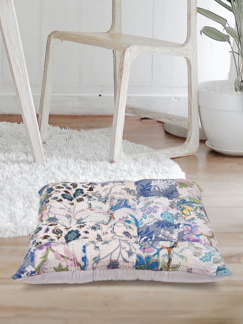 Tistabene Blue & Beige Floral Printed Square Cushion With Filling