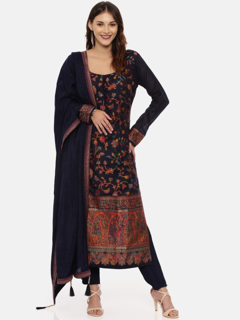 Neerus Women Navy Blue Printed Kurta with Churidar & Dupatta