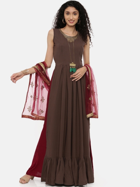 

Neerus Women Brown & Maroon Solid Kurti with Sharara & Dupatta