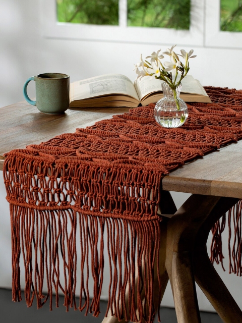 

ellementry Red Macrame Cotton Table Runner