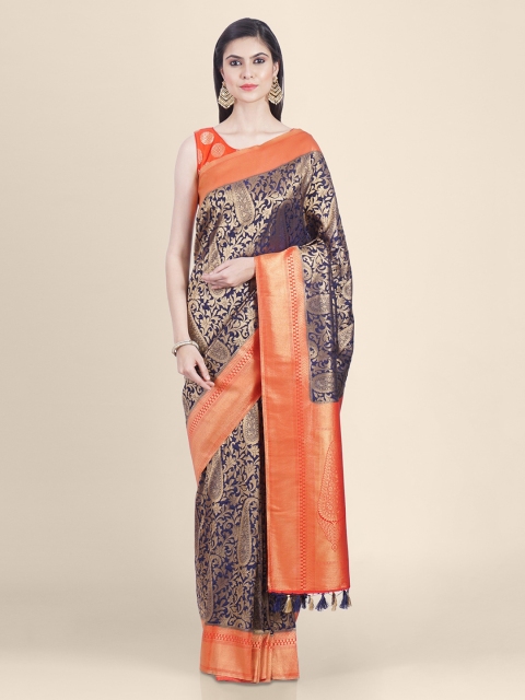 

Kasat Navy Blue & Orange Pure Silk Woven Design Handloom Saree