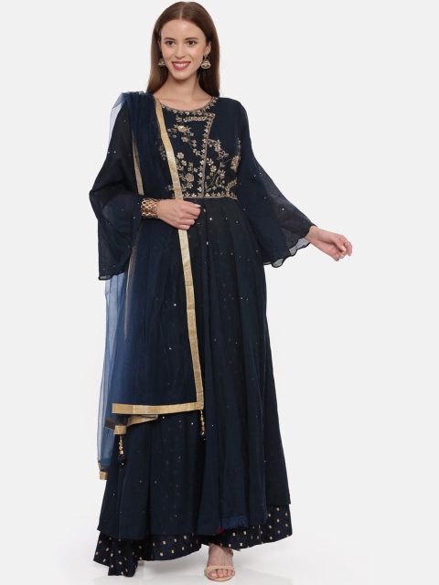 

Neerus Women Blue Embroidered Kurta with Churidar & Dupatta