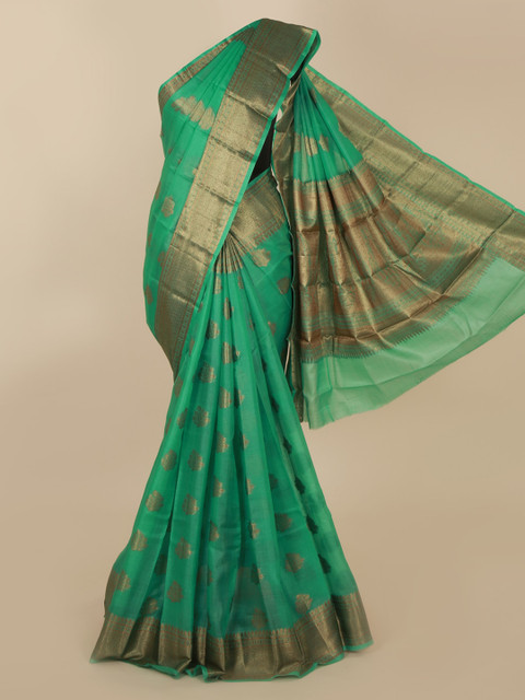 

Pothys Green & Gold-Toned Jute Silk Woven Design Tussar Saree