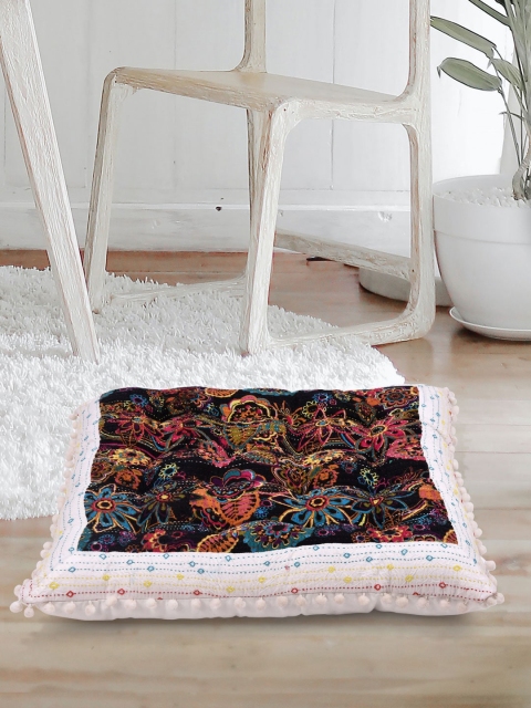 

Tistabene Black & Orange Floral Printed Gaddi Square Floor Cushions