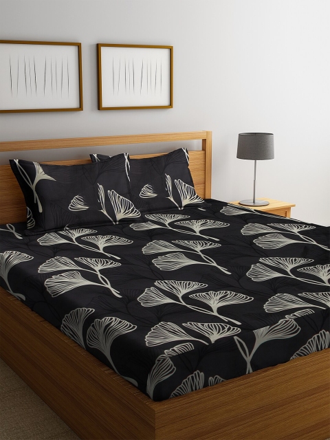 

NEUDIS Black & Off-White Floral 180 TC Polycotton 1 Queen Bedsheet with 2 Pillow Covers