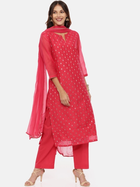 

Neerus Women Pink & Gold-Toned Embroidered Kurta with Trousers & Dupatta