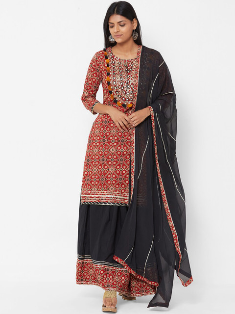 

FASHOR Women Maroon & Black Printed Kurta with Sharara & Dupatta