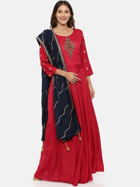 

Neerus Women Red Solid Zardozi Ornamented Anarkali Kurta with Trousers & Dupatta