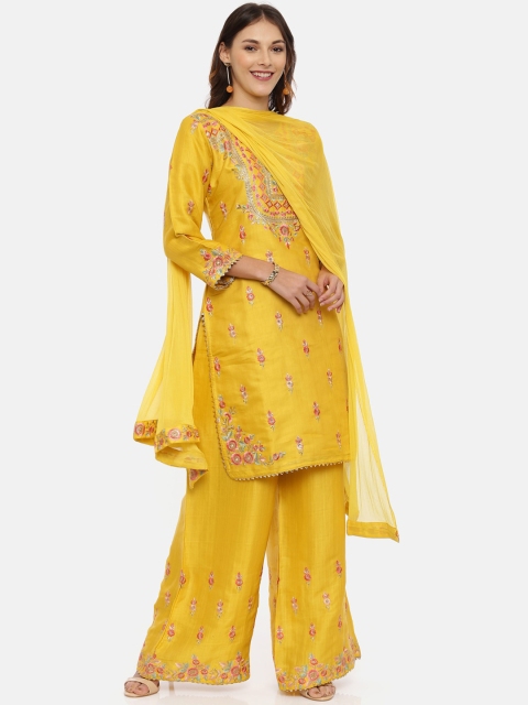 

Neerus Women Mustard & Pink Embroidered Kurta with Palazzos & Dupatta