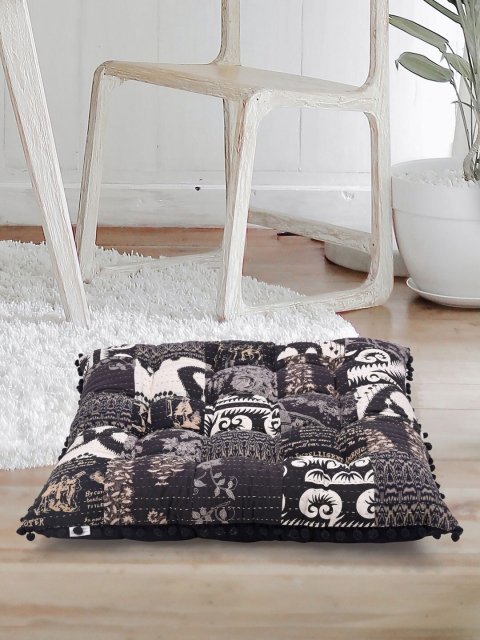 

Tistabene Black & White Square-Shaped Block Printed Patchwork Gaddi Floor Cushion