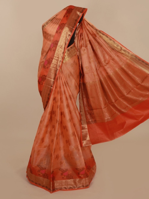 

Pothys Orange & Gold-Toned Jute Silk Woven Design Tussar Saree