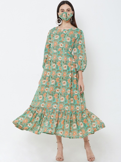 

FASHOR Women Sea Green Printed Fit and Flare Dress