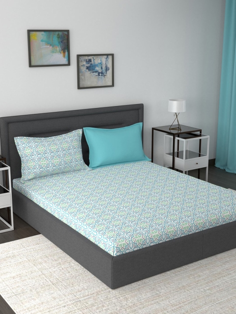 

MASPAR White & Blue Floral 210 TC Cotton 1 King Bedsheet with 2 Pillow Covers