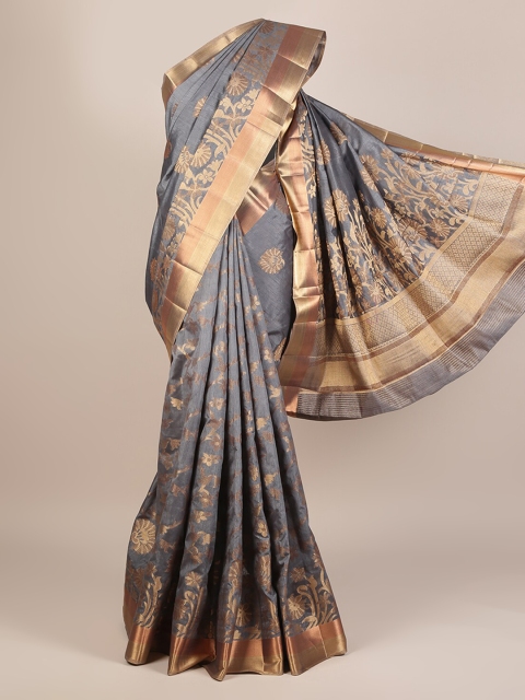 Pothys Grey & Gold-Toned Jute Silk Woven Design Saree