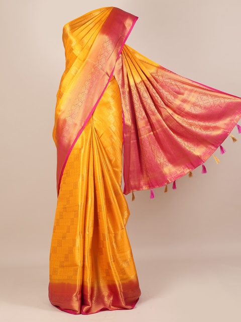 

Pothys Mustard Yellow & Red Jute Silk Woven Design Saree