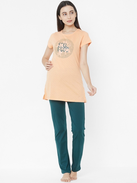 

Sweet Dreams Women Peach-Coloured & Teal Printed Night suit