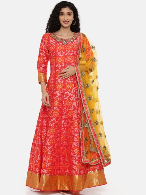 

Neerus Women Red Printed Kurta with Churidar & Dupatta