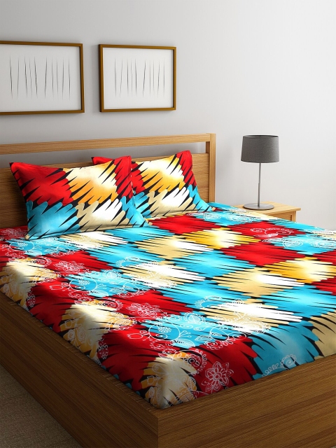 

NEUDIS Blue & Red Floral 180 TC Polycotton 1 King Bedsheet with 2 Pillow Covers