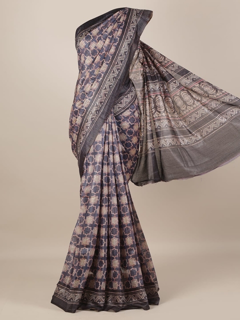 

Pothys Taupe & Navy Blue Jute Silk Printed Saree