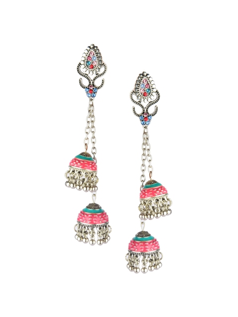 

DESI COLOUR Sea Green & Pink Enamelled Dome Shaped Jhumkas