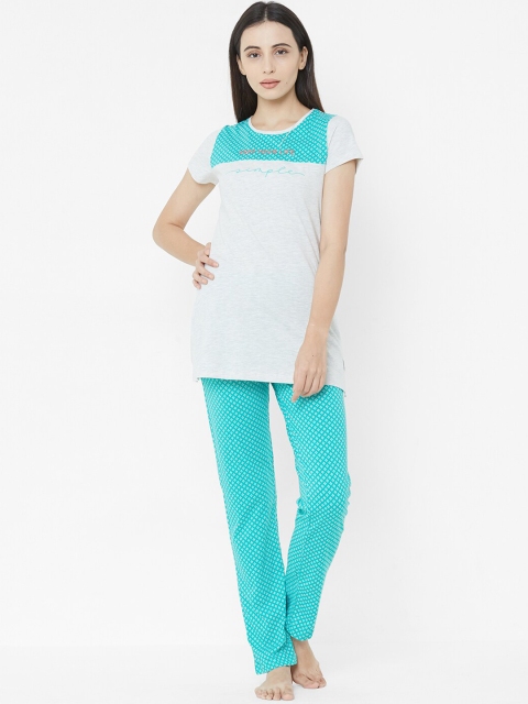 

Sweet Dreams Women Sea Green & Grey Colourblocked Night suit