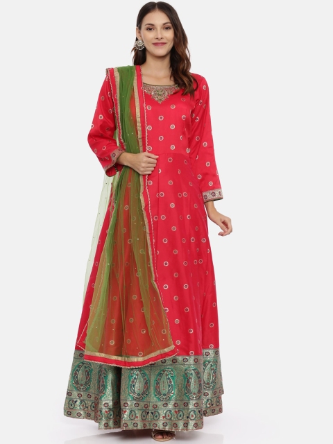 

Neerus Women Red & Green Woven Design Kurta with Trousers & Dupatta