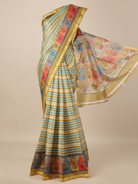 

Pothys Olive Green & Blue Jute Silk Striped Saree