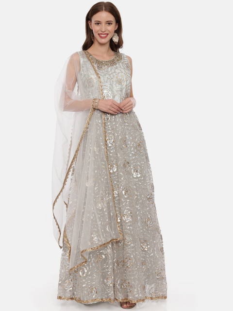 

Neerus Women Grey Solid Sequinned Anarkali Kurta with Trousers & Dupatta