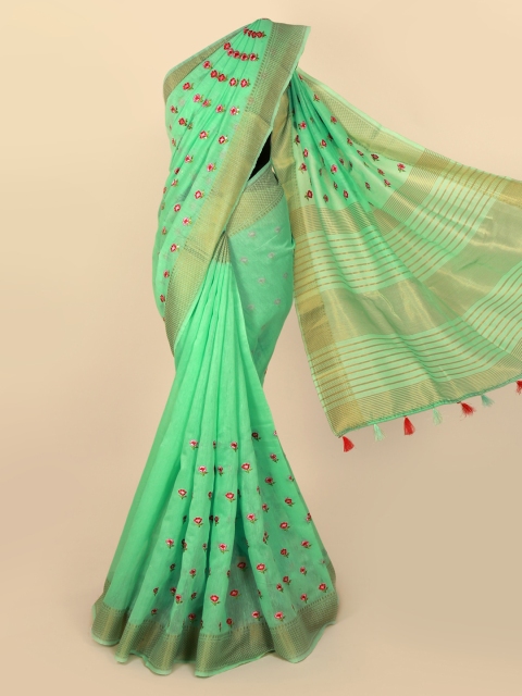 

Pothys Green & Gold-Toned Linen Blend Woven Design Saree