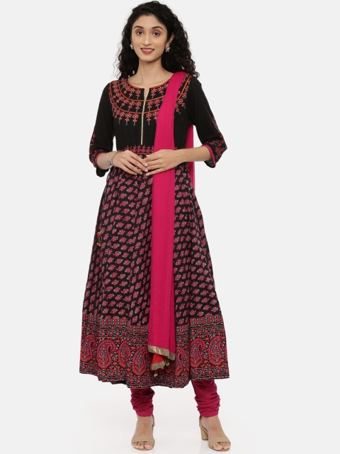 

Neerus Women Black & Pink Printed Kurta with Churidar & Dupatta