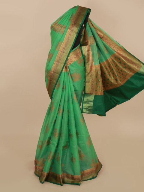 

Pothys Green & Gold-Toned Jute Silk Woven Design Tussar Saree