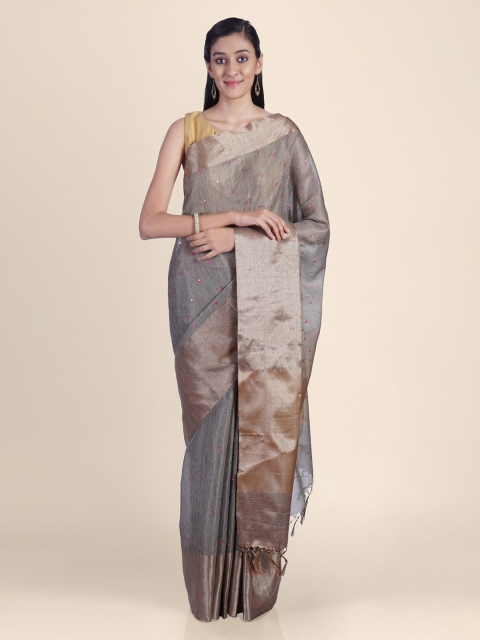 

Kasat Grey & Gold-Toned Supernet Woven Design Saree