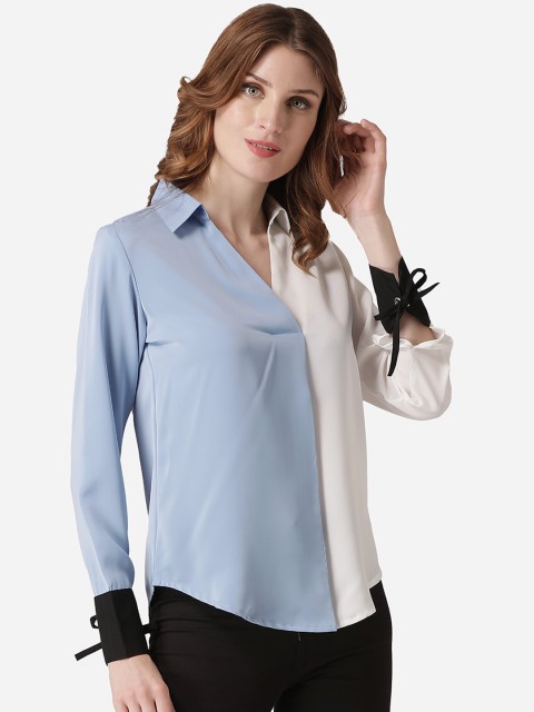 

LABEL REGALIA Women Blue & White Colorblocked Shirt Style Top