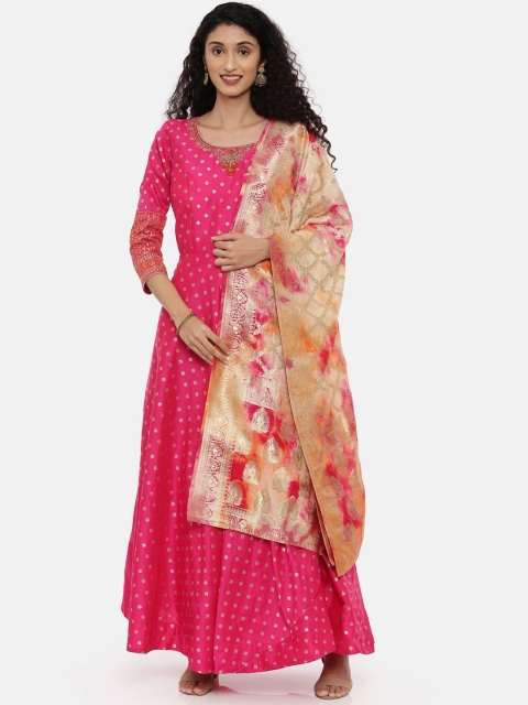 

Neerus Women Pink Printed Zadozi Ornamented Silk Kurta with Trousers & Dupatta