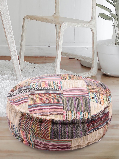 

Tistabene Beige & Pink Printed Handloom Round Cushion With Filling
