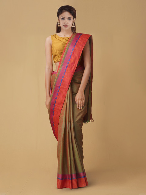 

Unnati Silks Green Solid Handcrafted Pavni Kanchi Cotton Saree