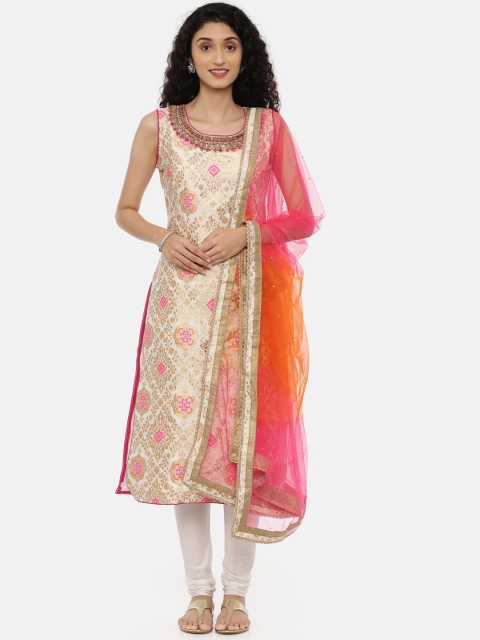 

Neerus Women Cream-Coloured Woven Design Silk Kurta with Churidar & Dupatta