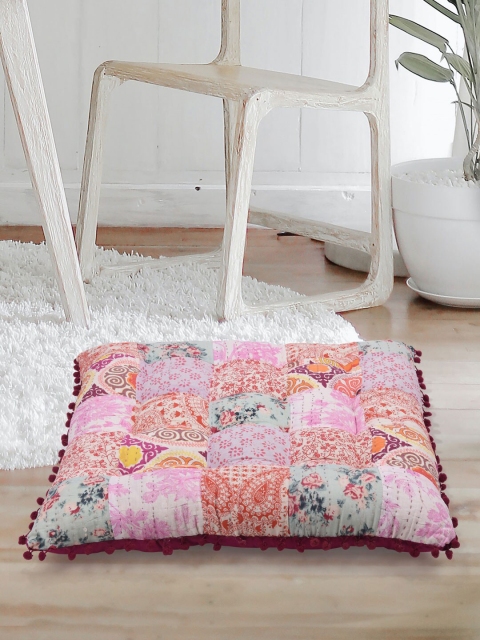 

Tistabene Multicoloured Patchwork Square Handloom Gaddi Floor Cushion, Multi