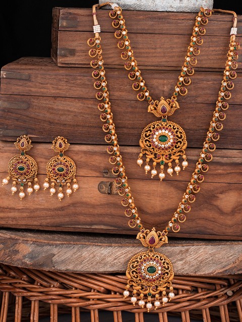 

Alankruthi Gold-Plated Red & Green Stone-Studded Jewellery Set