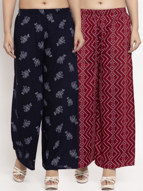 

KLOTTHE Women Navy Blue & Maroon Pack of 2 Printed Straight Palazzos
