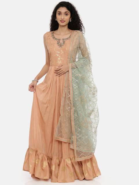 

Neerus Women Peach-Coloured Solid Chanderi Silk Anarkali Kurta with Trousers & Dupatta