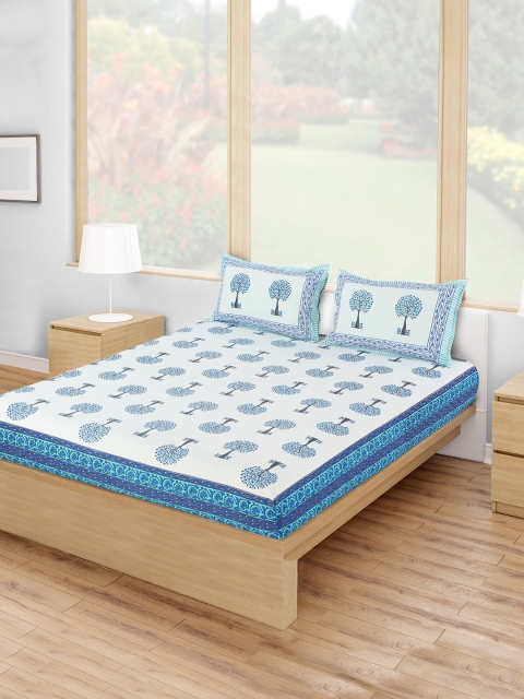 

Salona Bichona White & Blue Ethnic Motifs Printed 120 TC Double Bedsheet With 2 Pillow Covers