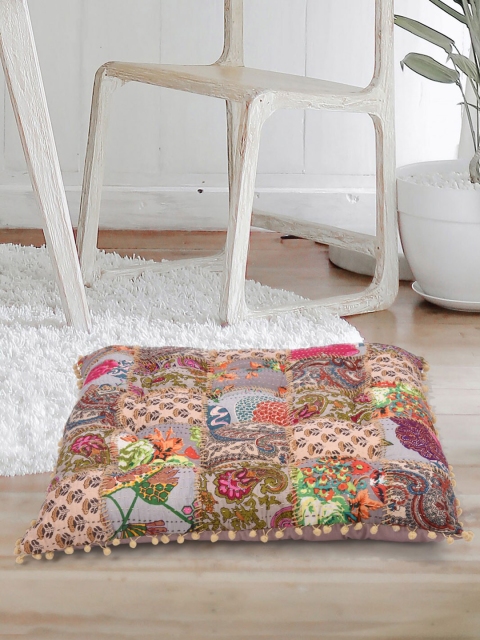 

Tistabene Peach-Coloured & Green Patchwork Handloom Embroided Gaddi Floor Cushion