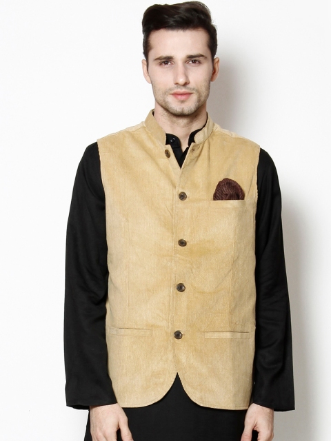 

even Men Beige Solid Corduroy Nehru Jacket