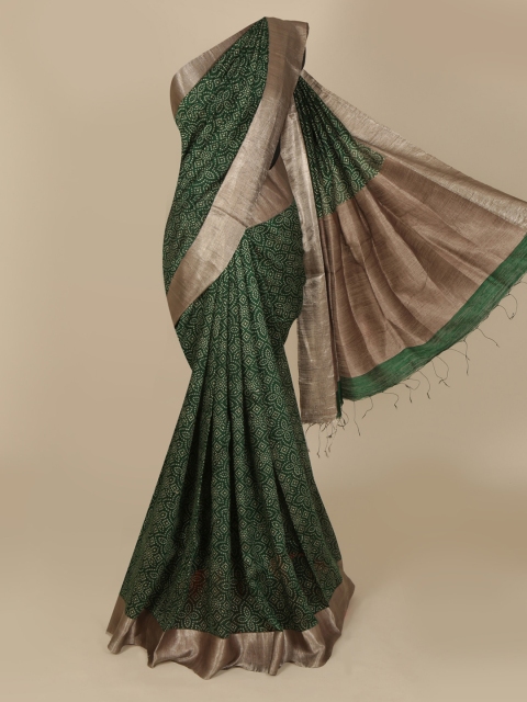 

Pothys Green Jute Silk Printed Bandhani Saree